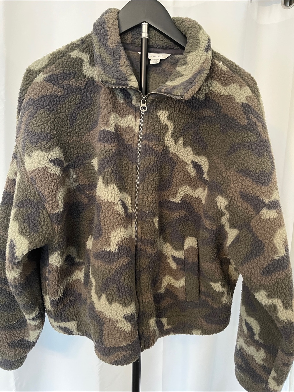 American Eagle Outfitters Camouflage Sherpa Zip Jacket - Olive, Gray, Brown